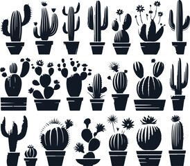 Cactus Set Silhouette Elegant Vector Illustration On Isolated White Background