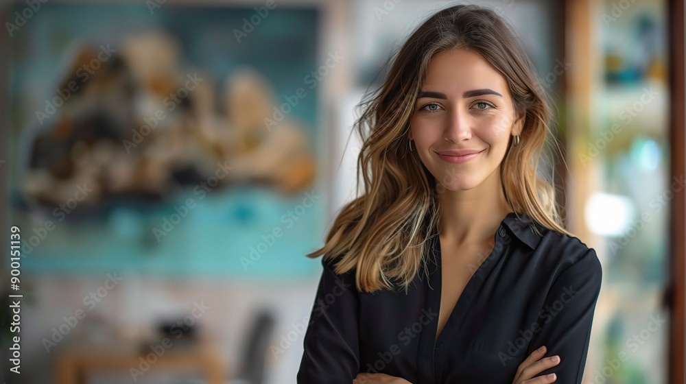 Poster Confident Woman: A portrait of a beautiful young woman with long brown hair and blue eyes, confidently posing with her arms crossed, showcasing a warm smile. 