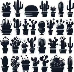 Cactus Set Silhouette Elegant Vector Illustration On Isolated White Background