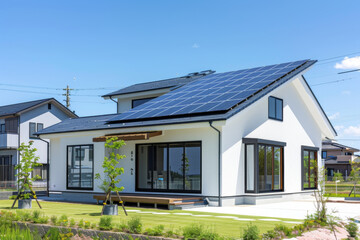 Obraz premium Modern suburban house with solar panels on the roof