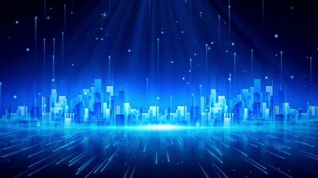 Digital city with data, code, and light trails. Digitalization and information technology concept ultra clear blue technology city background video