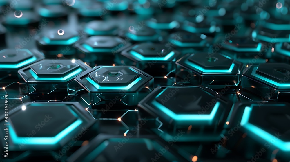 Poster abstract background with a hexagonal pattern. the hexagons have glowing edges and are arranged in a 