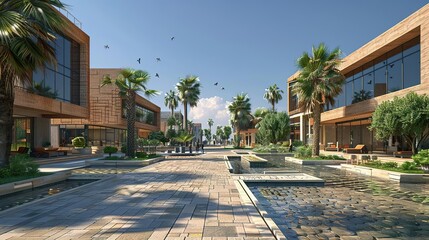 Fototapeta premium 3D Illustration of a Modern Tropical Courtyard with Stone Pathways and Water Features