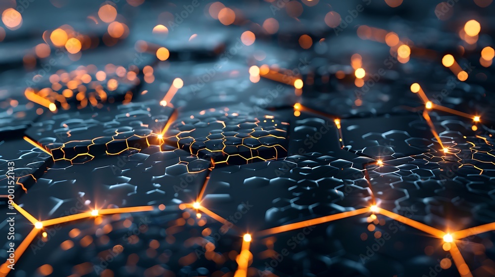 Poster abstract digital art with a hexagonal pattern and glowing lines. the image creates a futuristic and 