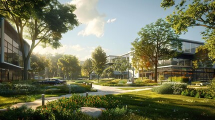 Obraz premium 3D Illustration of Modern Office Building with Greenery and Landscaping