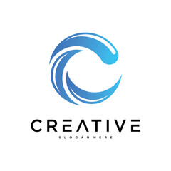 Wave letter C logo design, ocean waves and flow. Premium Vector