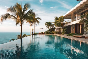 Obraz premium Luxurious Tropical Beachfront Infinity Pool at Modern Resort for Summer Vacation Getaway