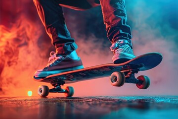 Naklejka premium Skateboarding under colorful lights