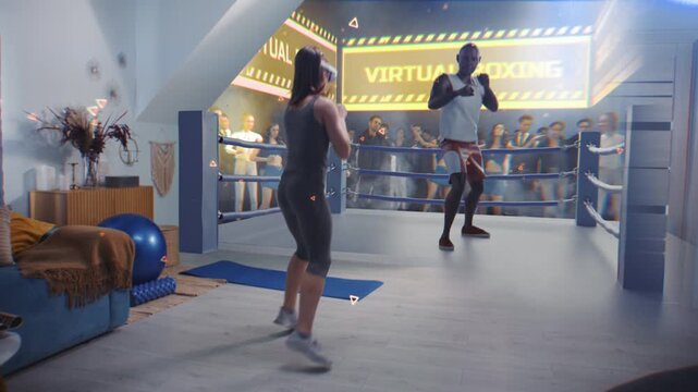 Athletic woman in AR headset starts online boxing training. VR screen with displayed virtual trainer and interface of boxing app. Metaverse futuristic home gym with AI technologies. VFX animation.