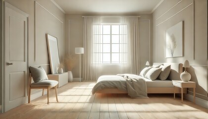 Fototapeta premium Modern Bedroom Interior Design with Beige Walls, Wooden Floor and Large Window.