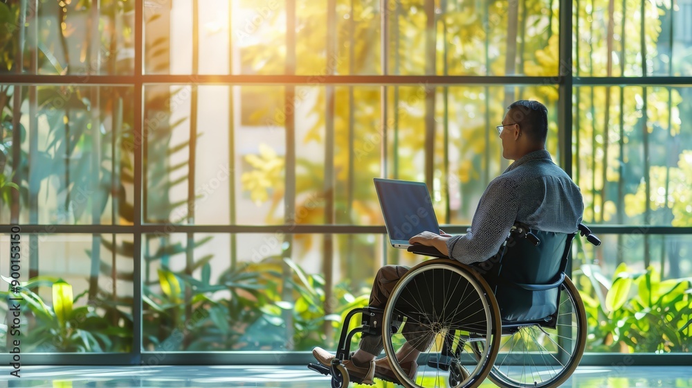 Aufkleber Scientist in a wheelchair using a laptop in a laboratory setting. Emphasizing accessibility and inclusion in scientific research.
