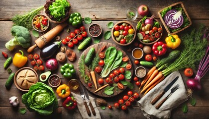 Fototapeta premium Fresh Vegetables and Herbs on Rustic Wooden Background - Healthy Eating Concept.