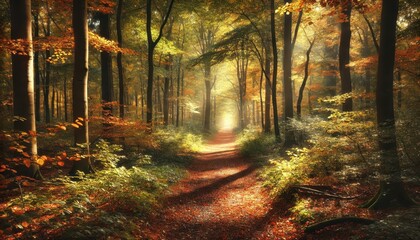Obraz premium Sunbeams Through Autumn Forest - Pathway to Mystery.