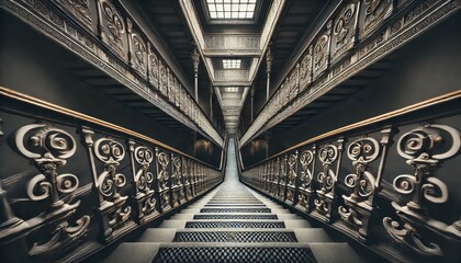 Ornate Staircase with Intricate Metalwork and Patterned Tiles.