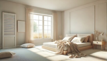 Minimalist Bedroom Interior Design with a Beige Bed, White Walls and Natural Light.