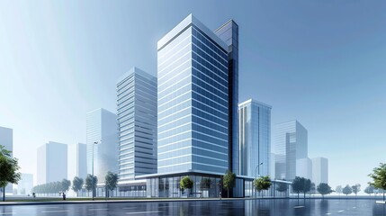 Modern Cityscape with Glass Buildings - 3D Illustration