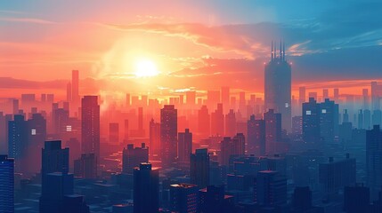 Cityscape Illustration with Sunset and Buildings