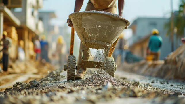 Construction Worker Pouring Concrete from Wheelbarrow