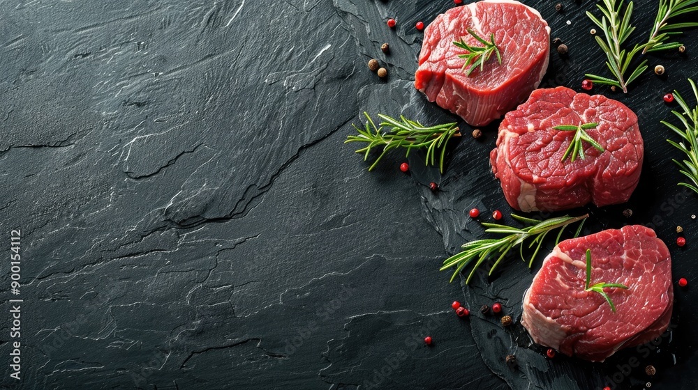 Poster Raw meat medallions with rosemary and spices on black stone surface with free space Top perspective