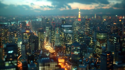 Fototapeta premium Nighttime Cityscape with Illuminated Skyscrapers and Traffic - 3D Illustration