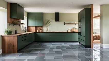 Fototapeta premium A spacious, well-lit kitchen interior with a botanical green matte finish, paired with wooden elements, features grey floor tiles that reflect the subtle nuances of natural light