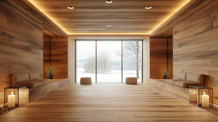 Obraz premium interior of a modern wooden entrance hallway decorated with cozy wooden tones and a large window. 