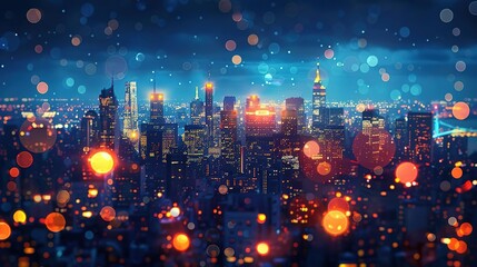 Cityscape Nighttime Illustration with Bokeh Lights