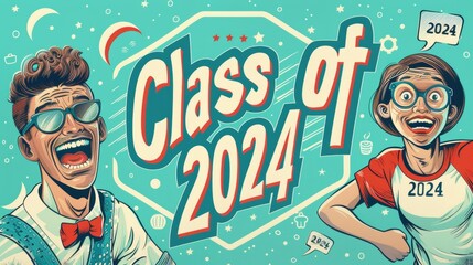 Obraz premium Burst into the Future: Class of 2024 Comic Book Style Banner with Pop Art Elements