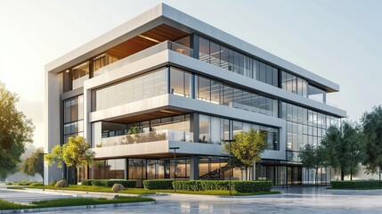 Fototapeta premium Modern Office Building with Glass Facade and Green Landscaping 3D Illustration