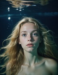 Naklejka premium Underwater view of cheerful young female in swimwear smiling and looking at camera 