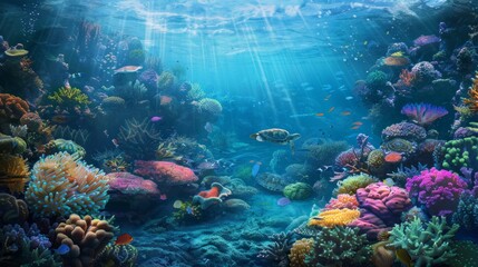 Fototapeta premium 16k ultra-high definition Photo Type: ultra-high resolution underwater landscape, Subject Focus: sprawling coral reef teeming with life, AI Generative
