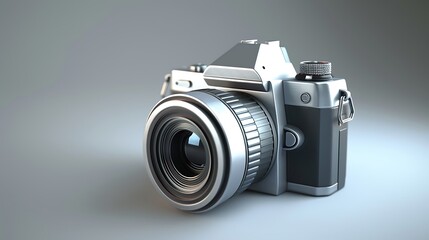 Silver Camera lens facing the viewer against a gray backdrop. The lens is in focus, and the body of the camera is slightly blurred in the background.