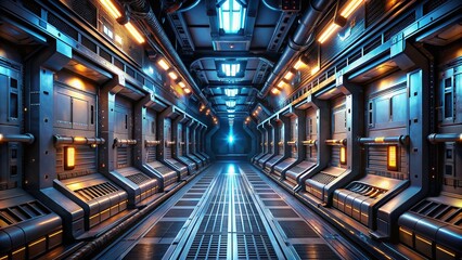 Futuristic spaceship interior featuring a long, dimly lit, metallic hallway with sleek rows of consoles, cables, and blinking lights leading to a distant doorway.