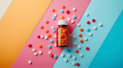 Fototapeta na wymiar a bottle and scattered pills on a colorful background