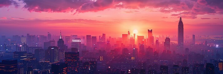 Cityscape Illustration with Pink Sunset and Tall Buildings