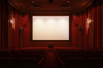 Fototapeta premium Cinema interior with a large, blank movie screen, ready to project the next film, surrounded by dark, velvety curtains 