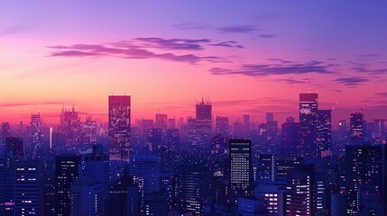 Fototapeta premium Cityscape with Pink Sunset Illustration