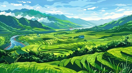 Fototapeta premium Verdant Landscape: An evocative vista of lush rice terraces cascade down rolling hills, under a radiant sky, presenting a harmonious tableau of agricultural beauty.