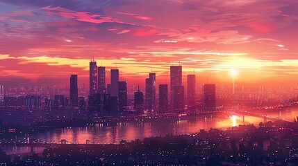 Fototapeta premium Cityscape Illustration with Sunset Sky and River