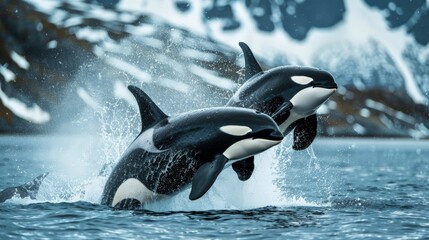 Obraz premium A playful pod of orcas breaching the surface of the wate