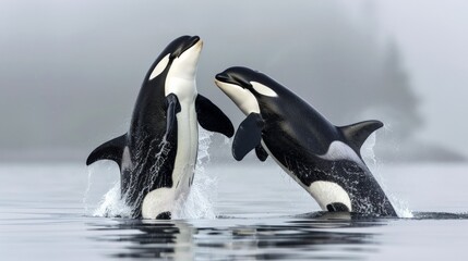 Obraz premium A playful pod of orcas breaching the surface of the wate