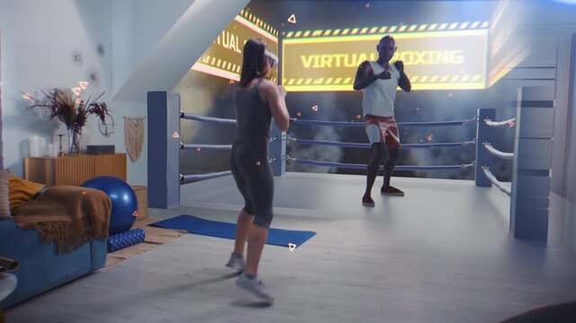 Sportswoman in AR headset starts online boxing training. VR screen shows virtual coach and interface of boxing app. Athletic woman exercises in metaverse futuristic home gym with AI technologies.