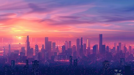Cityscape Illustration with Pink Sunset Sky