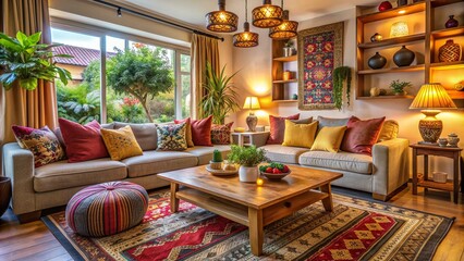 Cozy living room with diverse cultural decorations, soft cushions, and warm lighting, conveying a sense of loving minority family's comfortable home atmosphere.