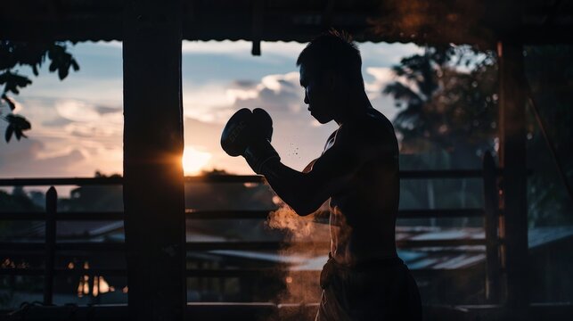 A Muay Thai fighter practicing shadow boxing in a traditional training camp
