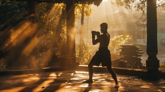 A Muay Thai fighter practicing shadow boxing in a traditional training camp