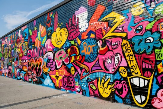 Pop graffiti mural with a mix of text and imagery, blending famous pop culture references with unique artistic elements, creating a visually engaging piece 