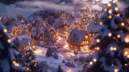 Winter wonderland village with twinkling lights and snow covered rooftops