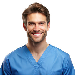 Happy man wearing stylish dentistry uniform isolated on transparent background