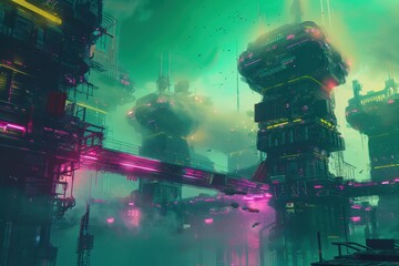 Futuristic Cityscape with Vibrant Lights and Flying Vehicles